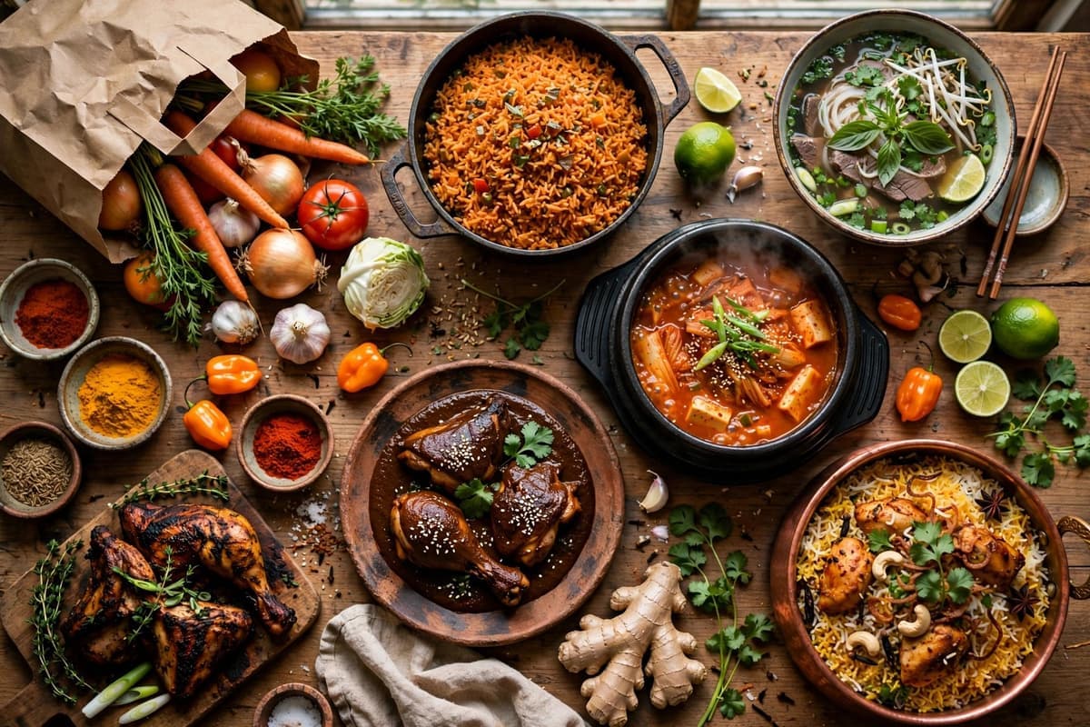 A family table filled with home-cooked dishes from around the world