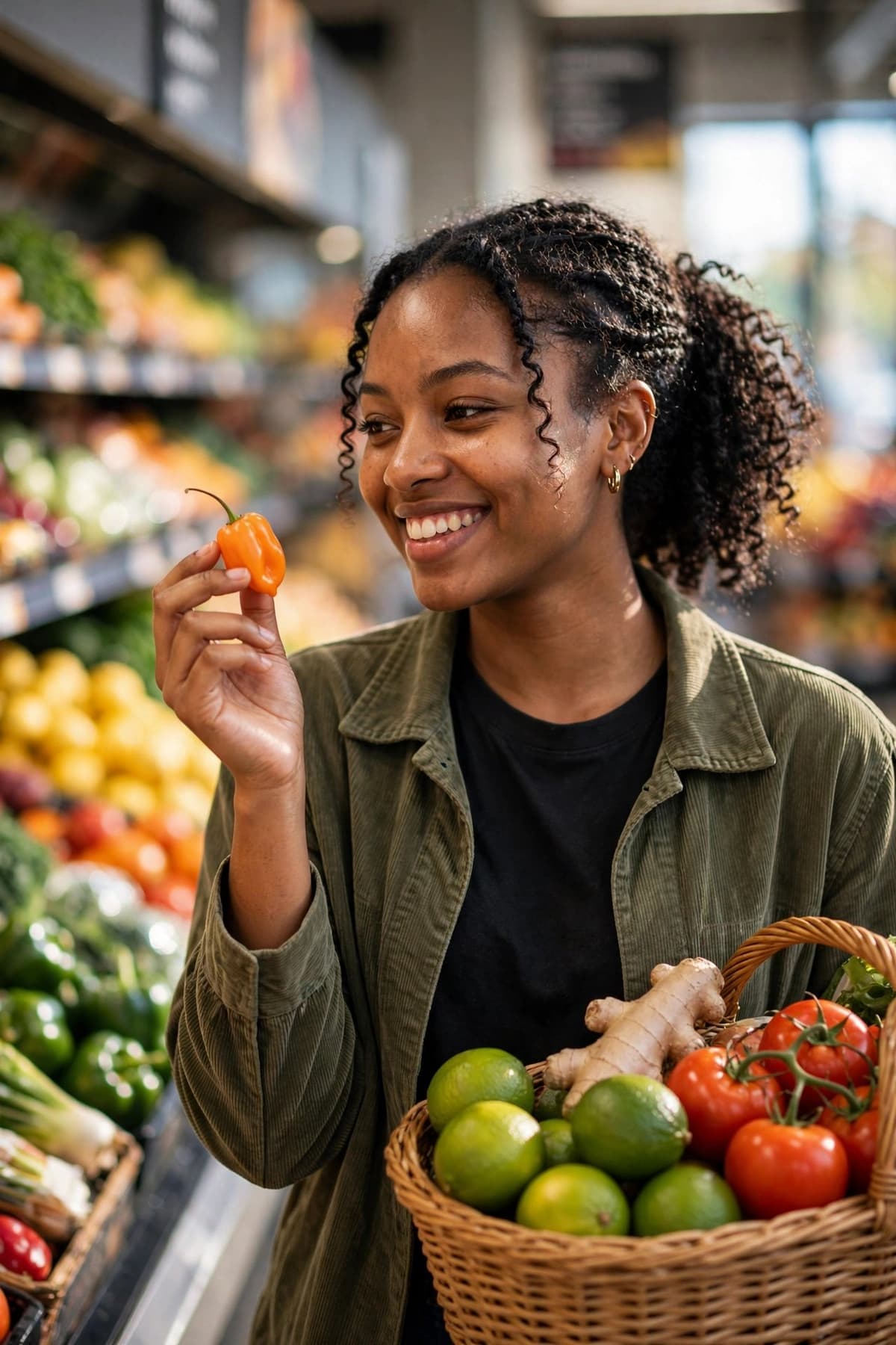 A shopper choosing peppers in an American supermarket